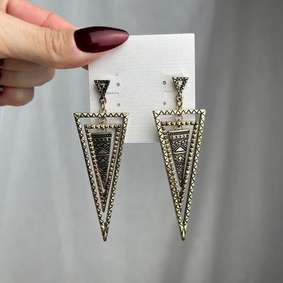 Gold Tone Tiered Triangle Cairo Dangle Earrings Black Geo Geometric Boho Jewelry - Picture 2 of 16